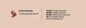 All About Psychology platform reach: 100,000+ Substack subscribers, 200,000+ LinkedIn community, 300,000+ weekly search impressions, 1M+ social media followers