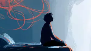 Illustration of a person sitting on a bed with tangled, swirling lines above their head, symbolising anxiety and overwhelming thoughts.