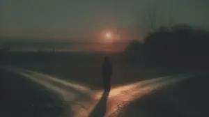 A lone person standing at a crossroads at sunset, symbolising counterfactual thinking and the emotional pull of wondering how life might have unfolded differently.