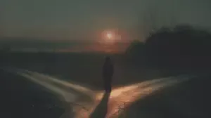 A lone person standing at a crossroads at sunset, symbolising counterfactual thinking and the emotional pull of wondering how life might have unfolded differently.