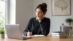 Student planning her psychology education with a laptop, notebook, and textbooks, illustrating the path to a career as a psychologist.