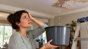 Worried homeowner looking at water leaking from a damaged ceiling, illustrating the stress and emotional decision-making involved in expensive home repairs.