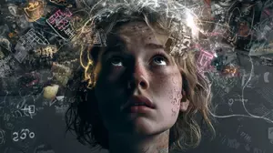 A young person looking upward as chaotic symbols, patterns, and glowing neural lines swirl around their head, representing hyper-meaning generation and psychological overstimulation.