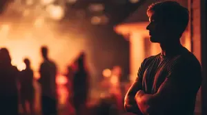 A man stands apart from a blurred July 4th gathering as fireworks glow in the background, symbolizing recovery, triggers, boundaries, and emotional resilience.