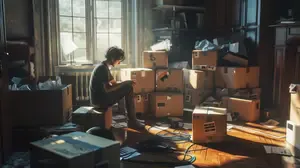 Person sitting among moving boxes in a cluttered room, reflecting on organization, decision fatigue, and the psychology of home systems during a move