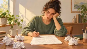Illustration of a woman revising a handwritten draft at a desk surrounded by crumpled discarded pages.