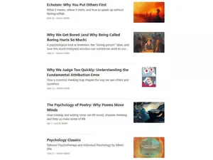 A selection of recent psychology articles from the All About Psychology Substack by David Webb, featuring topics such as echoism, boredom, judgment, poetry, and classic psychology articles.