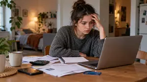 Young woman looking worried while reviewing bills and financial documents on her laptop, illustrating the psychological effects of debt in early adulthood.