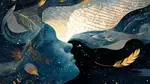 Abstract illustration of a human face blending with flowing text, feathers, and stars, symbolizing the connection between poetry, imagination, and psychology.