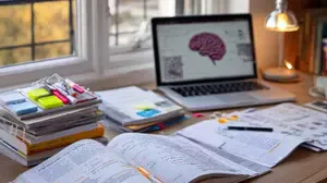 A neatly organised psychology study desk with an open textbook, handwritten notes, colourful highlighters, and a laptop displaying a brain diagram, symbolising effective study habits for psychology students.