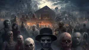 A crowd of eerie, ghostly figures gathered outside a haunted house, symbolizing the psychology of recreational fear and why people enjoy feeling scared.