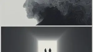 Abstract art of a swirling human profile above two people walking toward bright light in a tunnel, symbolizing synchronicity and meaningful coincidences.