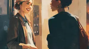 Two women smiling and chatting in an elevator, illustrating how small talk helps build connection and ease social interaction.