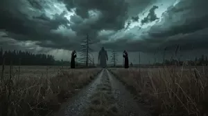 Moody landscape with hooded figures standing along a dark path under stormy skies, symbolizing the themes of trust, deception, and psychological tension in The Traitors.