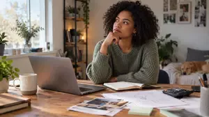 Woman thinking at a home office desk with a laptop and business notes, illustrating what holds people back from starting a business.