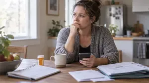 Worried woman holding a phone near medical paperwork, illustrating why patients delay necessary medical treatment.