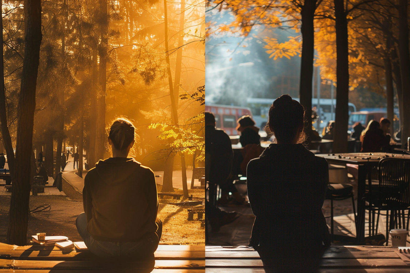 Split image showing the contrast between aloneness and loneliness—left side depicts a person peacefully alone in nature with warm sunlight, right side shows a solitary figure in a crowded urban café feeling isolated.