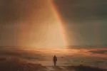 A solitary figure walks toward a rainbow across a vast, golden landscape under a moody sky, symbolizing the emotional journey behind the idiom "chasing rainbows.