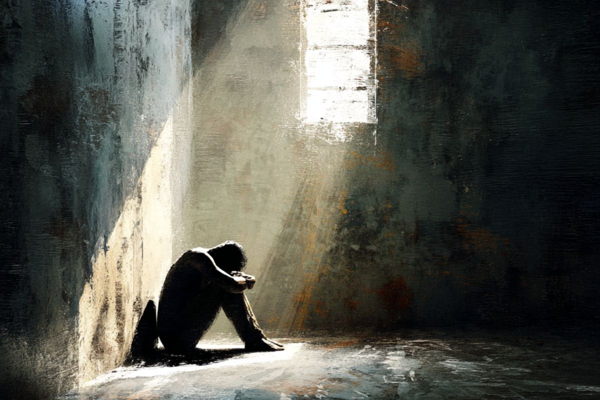 Silhouetted figure sits hunched in a dim solitary cell, illuminated by a narrow beam of light, symbolizing the emotional isolation of psychological torture.