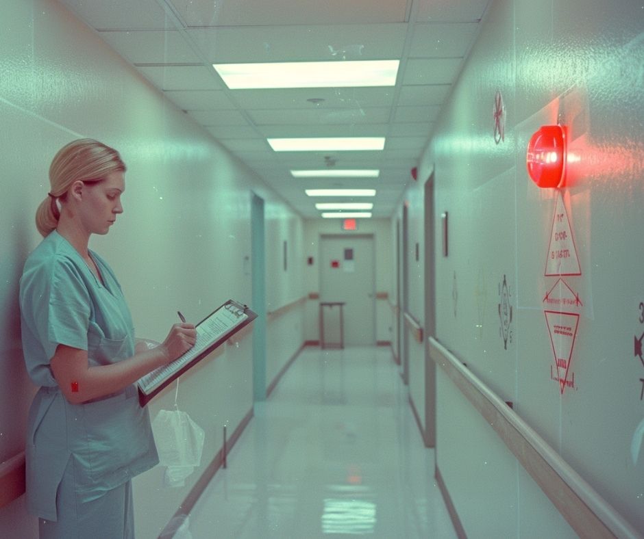 A nurse in blue scrubs fills out a checklist in a quiet hospital corridor while a red warning light flashes unnoticed, illustrating safety complacency risks in routine settings.