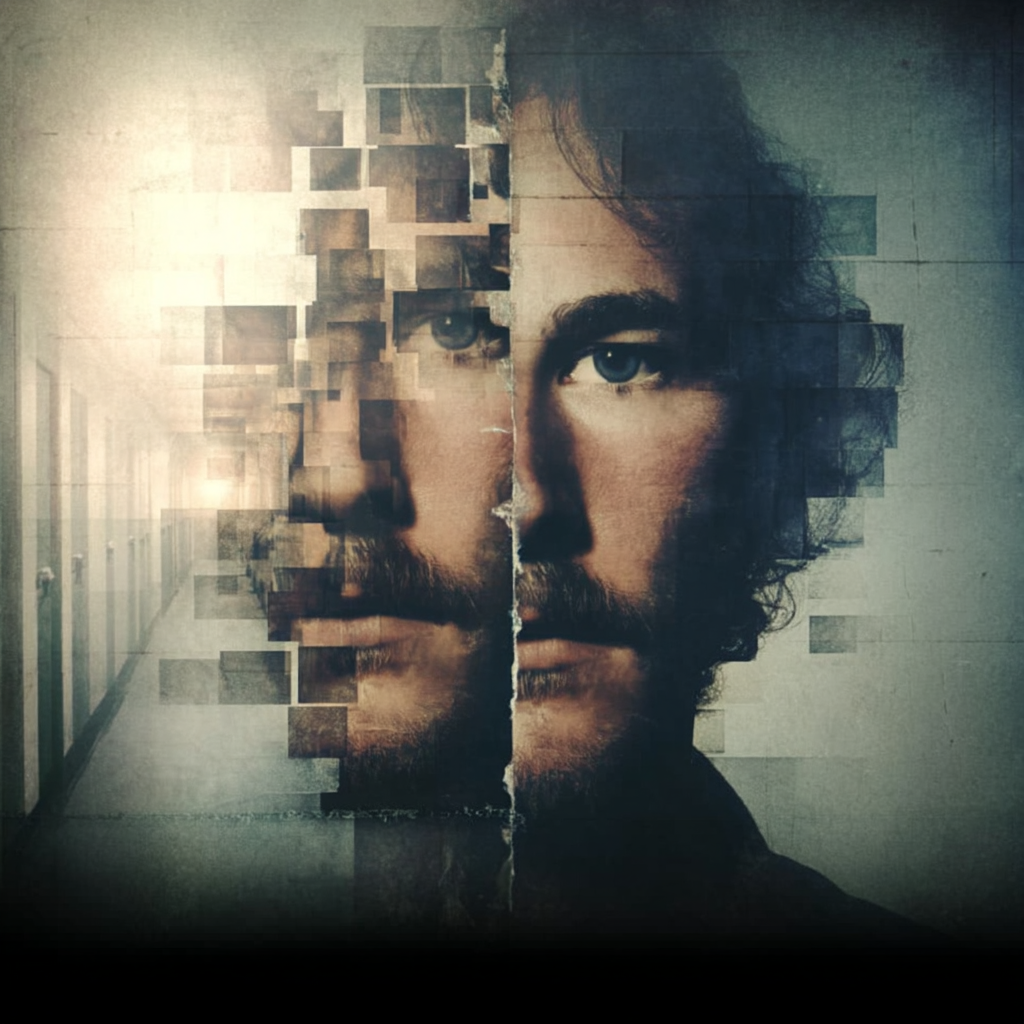 Surreal split portrait of Billy Milligan symbolizing his 24 personalities and dissociative identity disorder, set against a bleak institutional corridor background