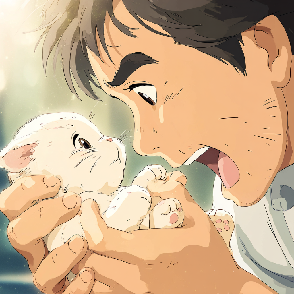 Animated man overwhelmed by cuteness playfully gripping a tiny white kitten, illustrating the emotional paradox of cute aggression.