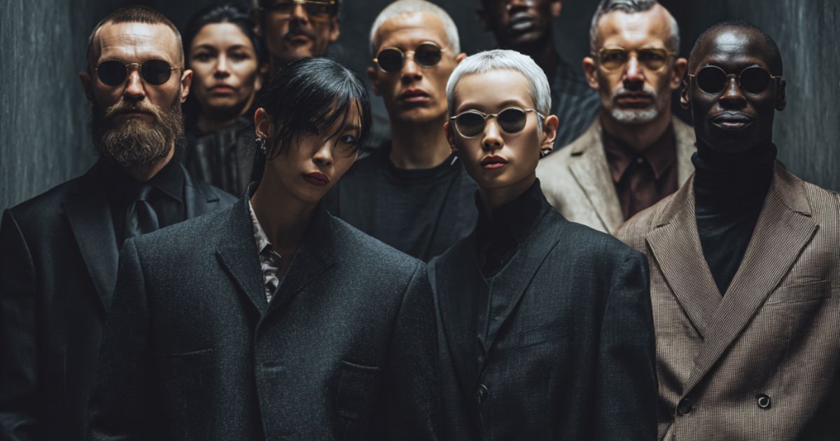 A diverse group of stylish, confident individuals in modern fashion standing together, representing the psychology of cool people across cultures