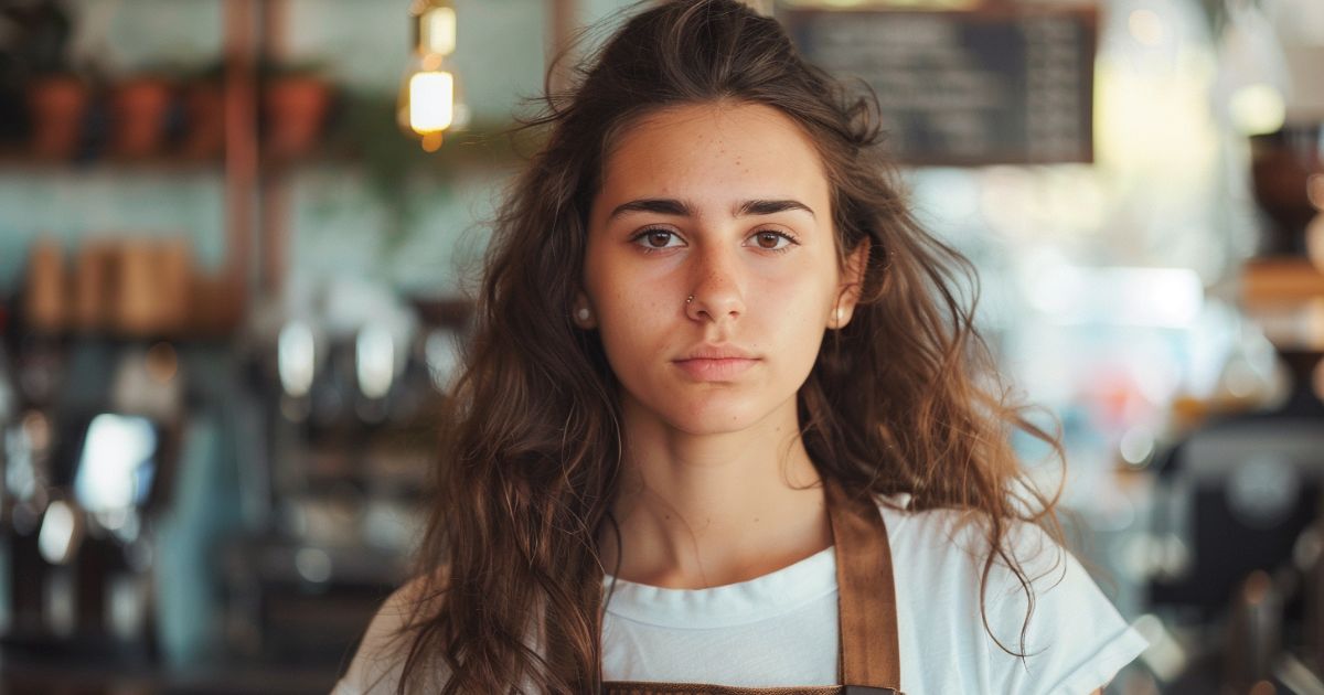 Gen Z barista standing in a coffee shop, gazing directly at the camera with a neutral ‘Gen Z stare’ expression.