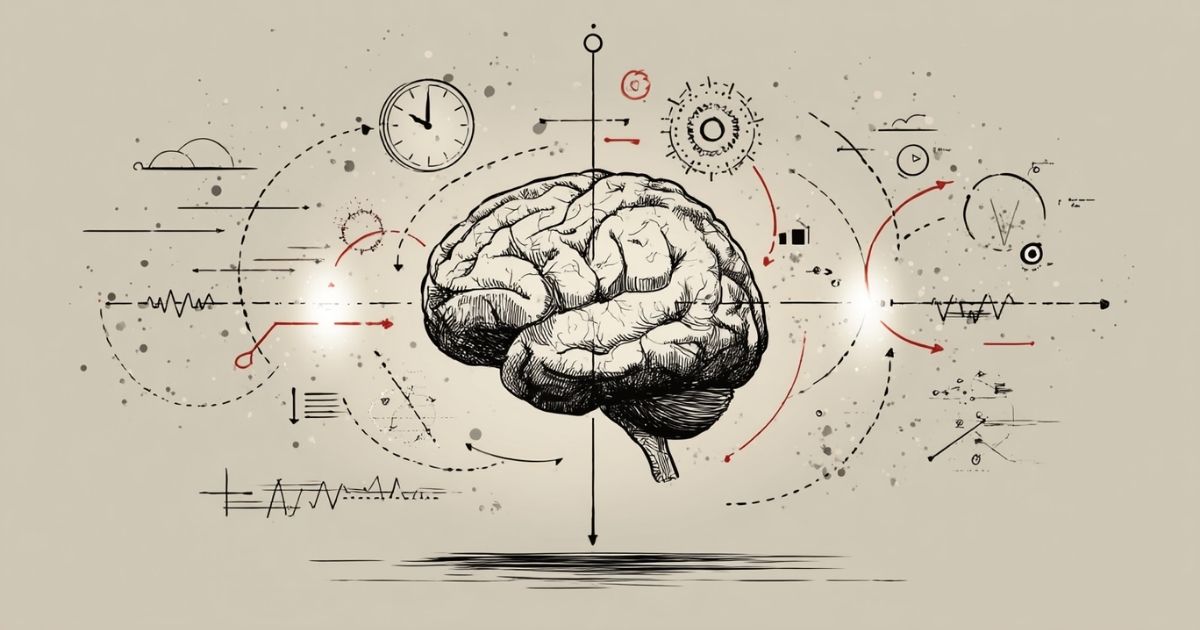 Illustration of a human brain surrounded by abstract arrows, clocks, and behavioral symbols representing the psychological process of habit formation