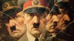 Fragmented portrait of Adolf Hitler reflected in broken glass, symbolizing the psychological profiling of his complex personality during World War II.