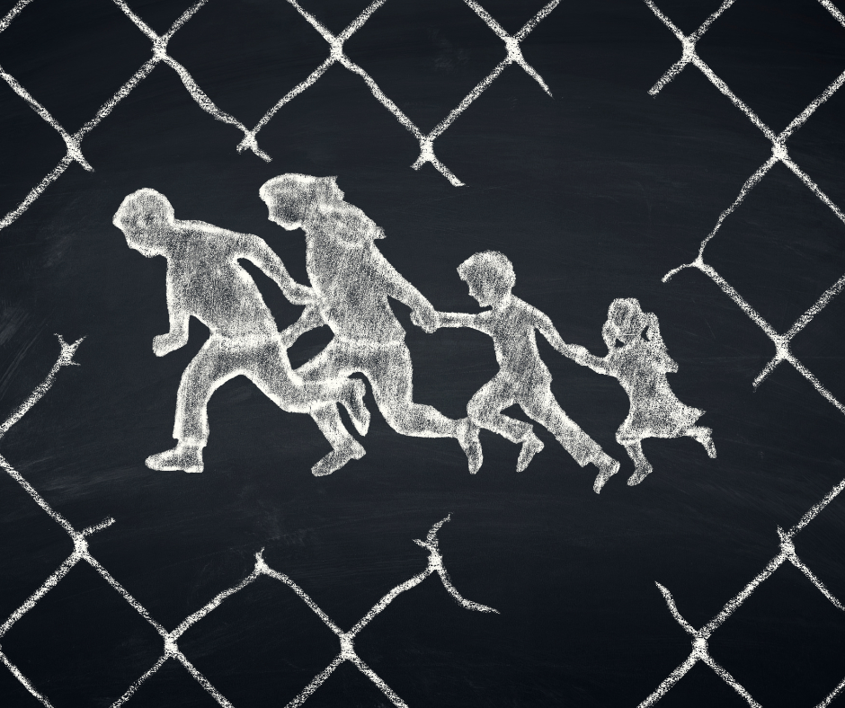 Drawing of refugees behind a razor-wire fence fleeing violence and war.