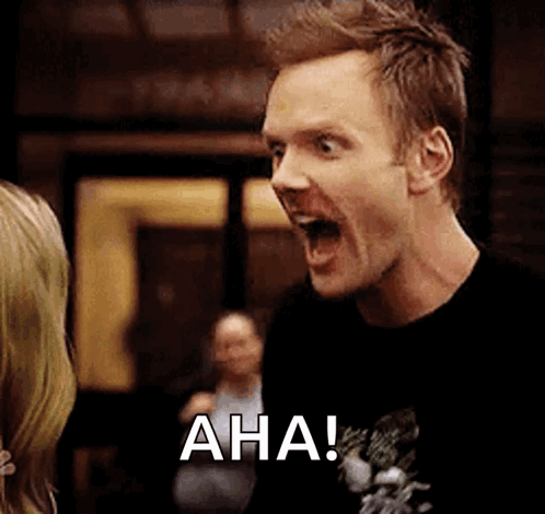 Animated GIF of a man shouting “Aha!” in excitement, capturing the moment of sudden insight.