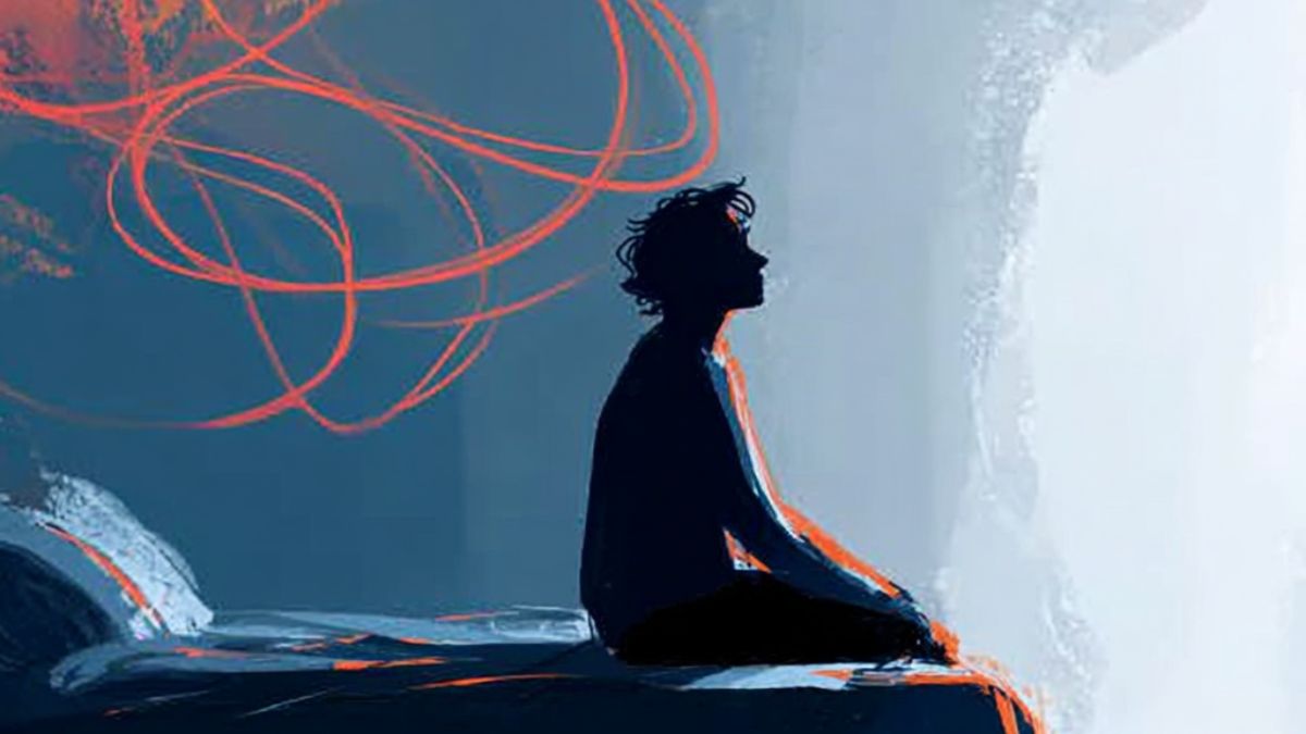 Illustration of a person sitting on a bed with tangled, swirling lines above their head, symbolising anxiety and overwhelming thoughts.