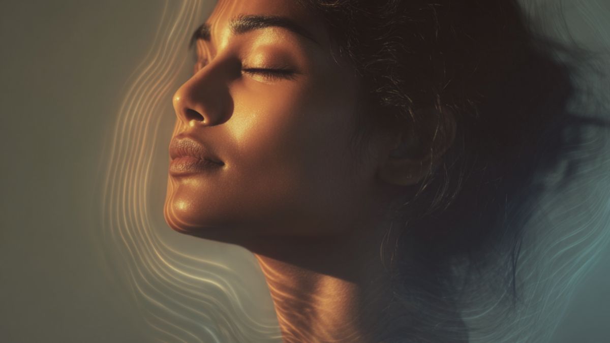 Close-up of a serene woman with her eyes closed, bathed in soft light, symbolizing the calm and tingling relaxation associated with ASMR sensations.