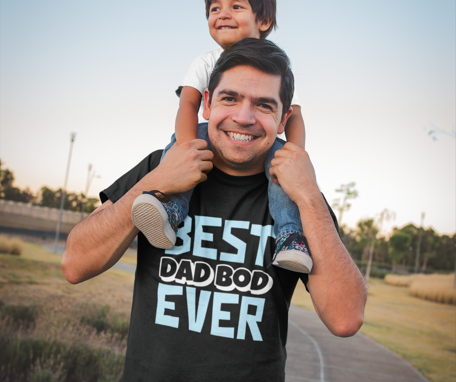 Father with son on shoulders wearing a best dad bod ever t-shirt