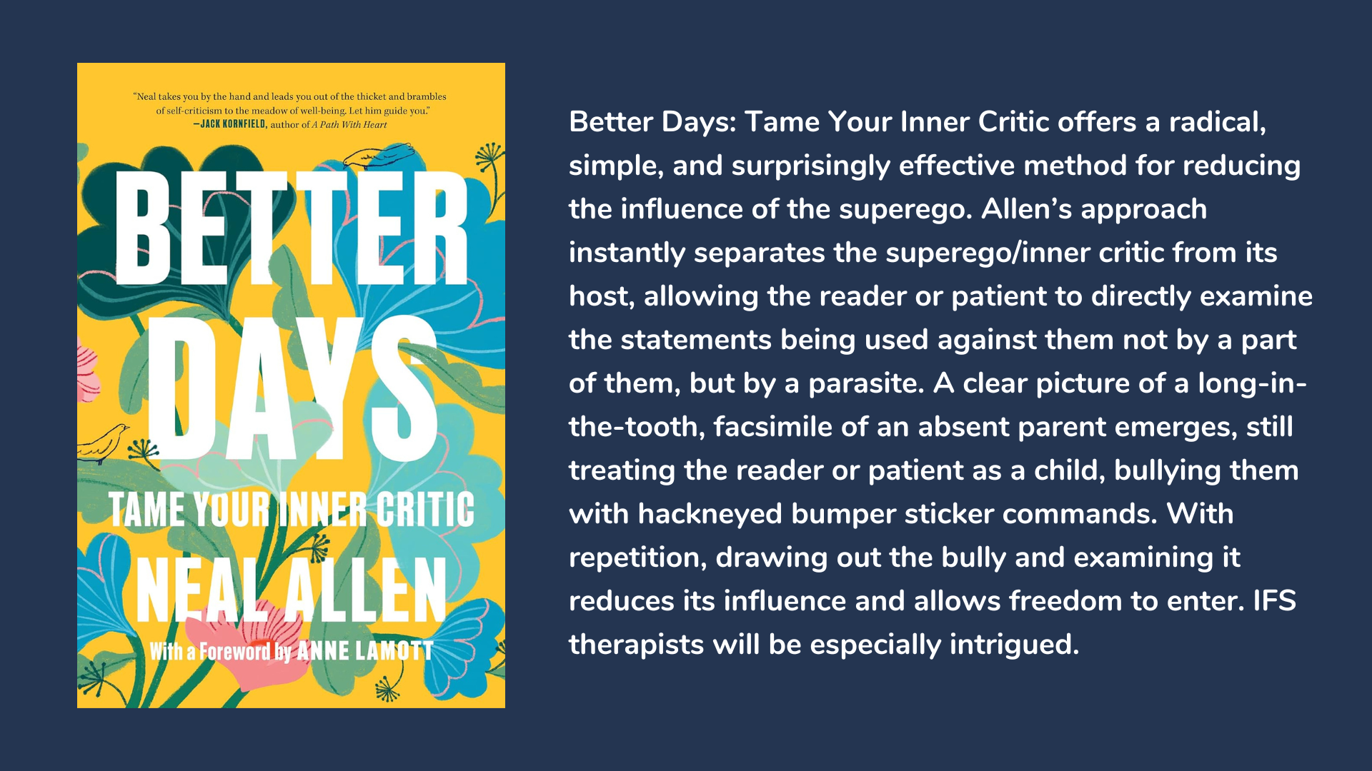 Better Days: Tame Your Inner Critic. Book cover and quote about the book. Latest