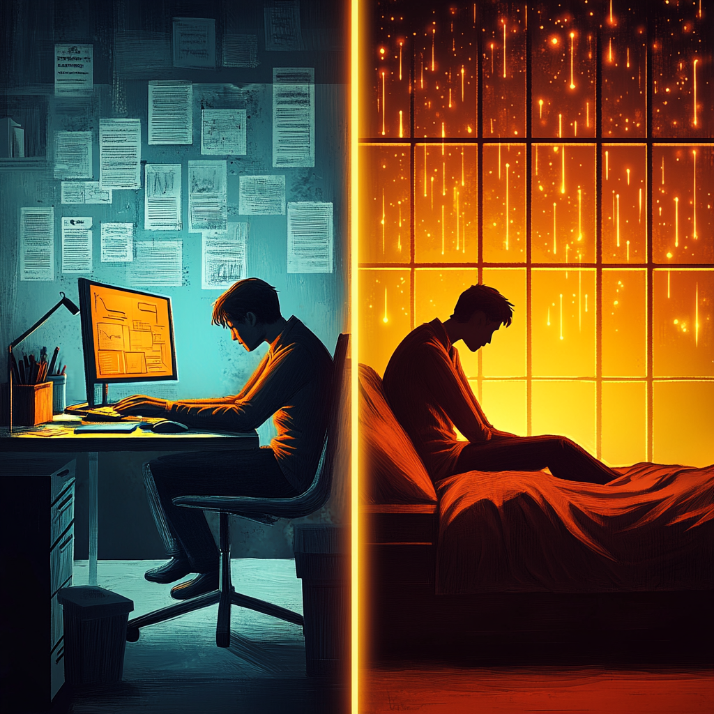 A split-screen illustration comparing burnout and depression. On the left, a stressed office worker at a cluttered desk represents burnout, with warm, high-energy stress tones. On the right, a solitary figure in a dimly lit room symbolizes depression, with cool, melancholic tones. The contrast highlights the key psychological differences between the two conditions.