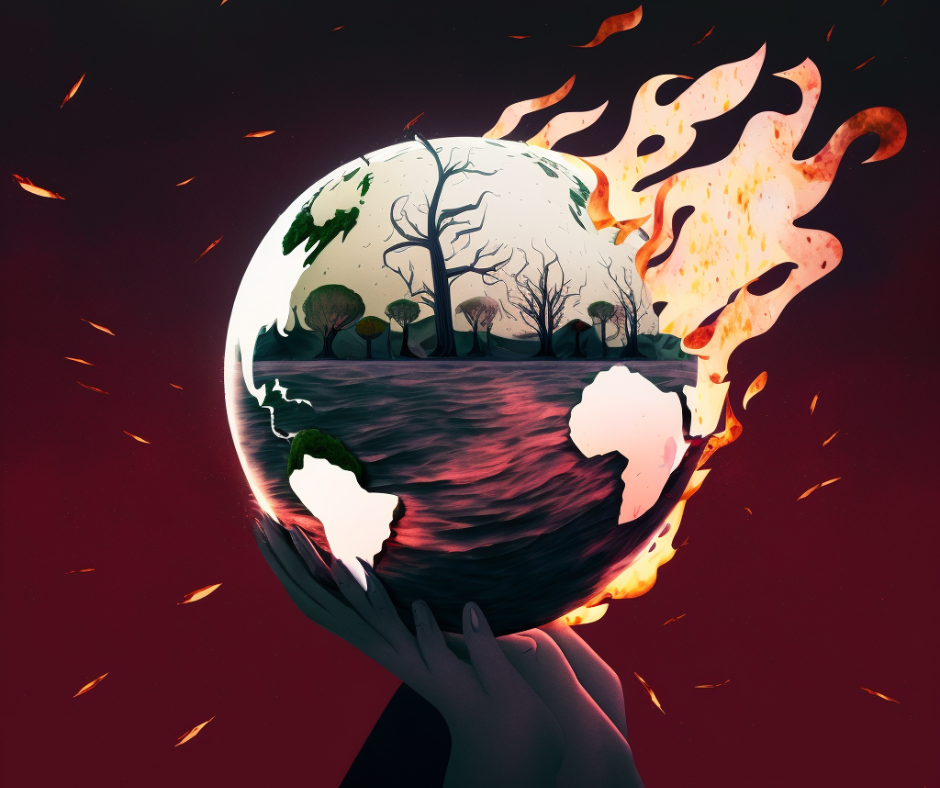 hands holding a burning world, climate crisis