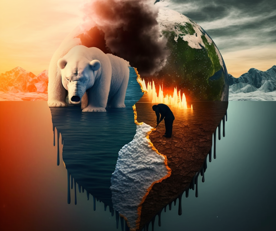Planet Earth climate crisis showing a polar bear, smoke, fire and a man digging into arid soil.