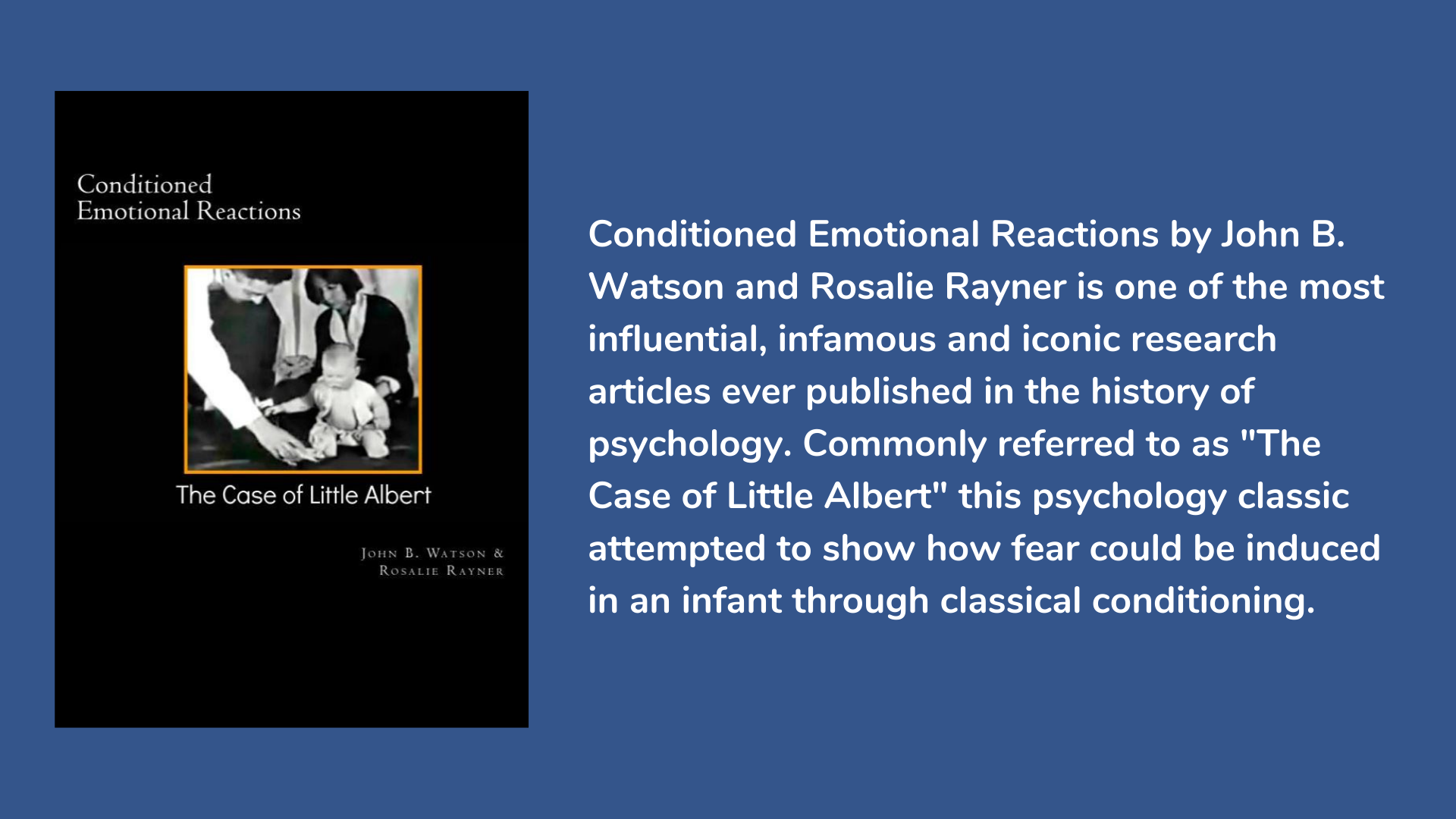Book cover and information about Conditioned Emotional Reactions (The Case of Little Albert) by John B. Watson and Rosalie Rayner