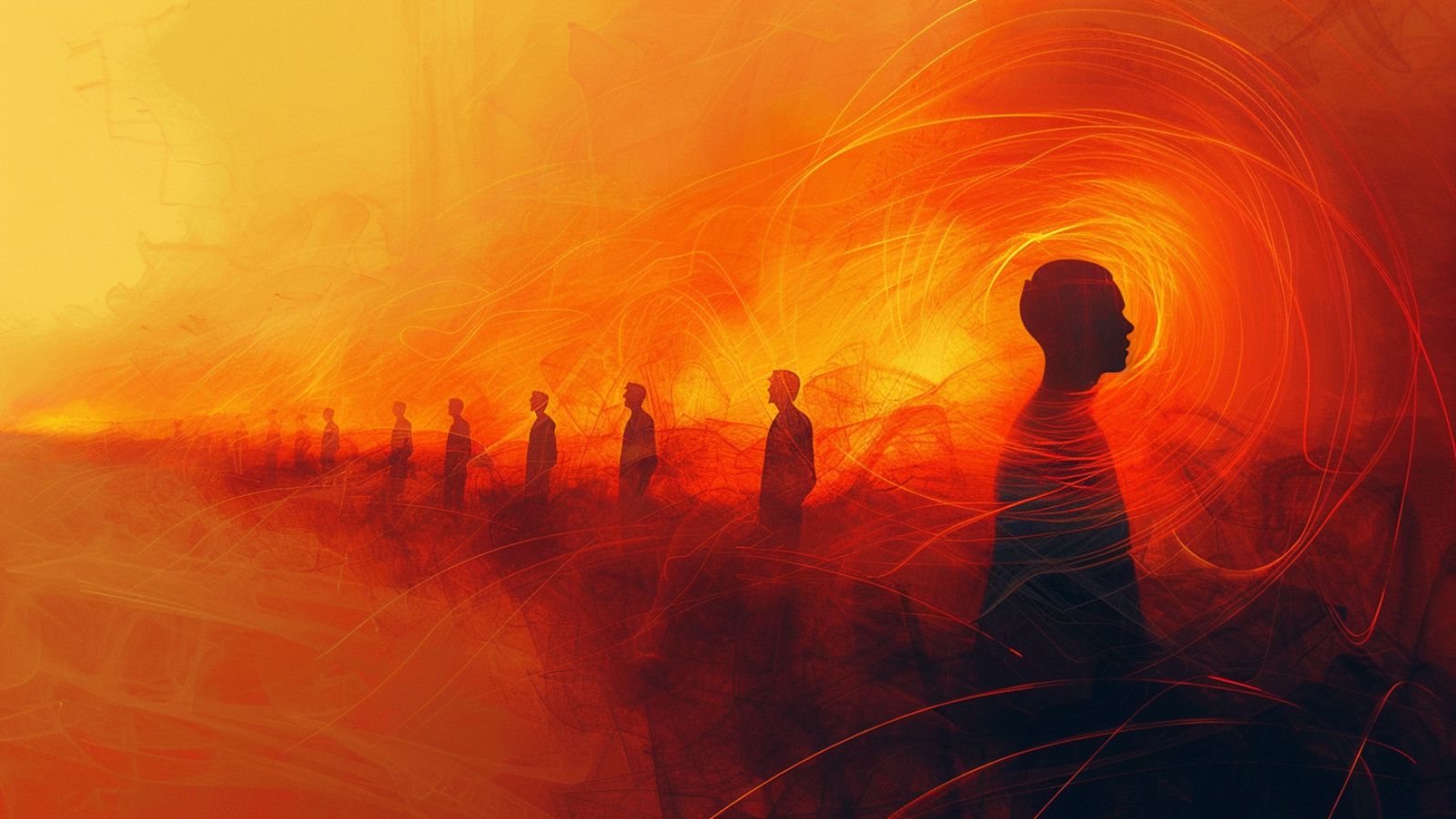 Abstract illustration of echoism in psychology. Foreground silhouette with swirling lines and fading figures, symbolizing self-silencing and putting others first.