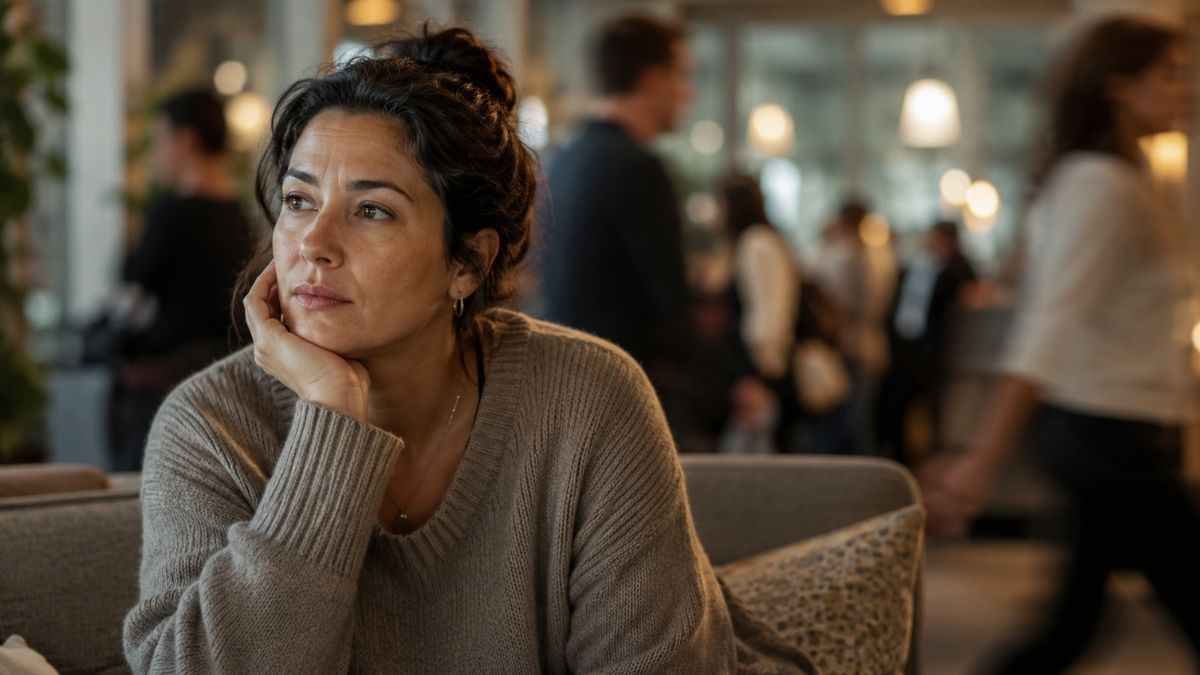 Sensitive woman looking overwhelmed in a busy indoor setting, illustrating high sensitivity and mental health concerns.