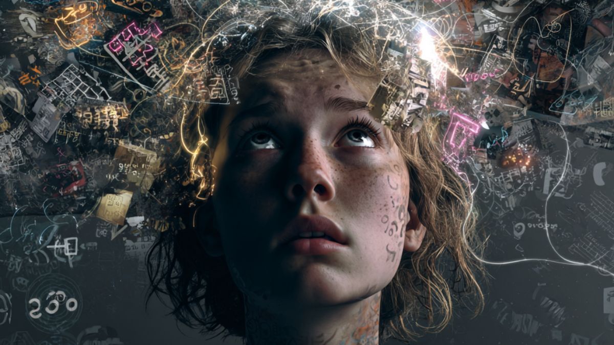 A young person looking upward as chaotic symbols, patterns, and glowing neural lines swirl around their head, representing hyper-meaning generation and psychological overstimulation.
