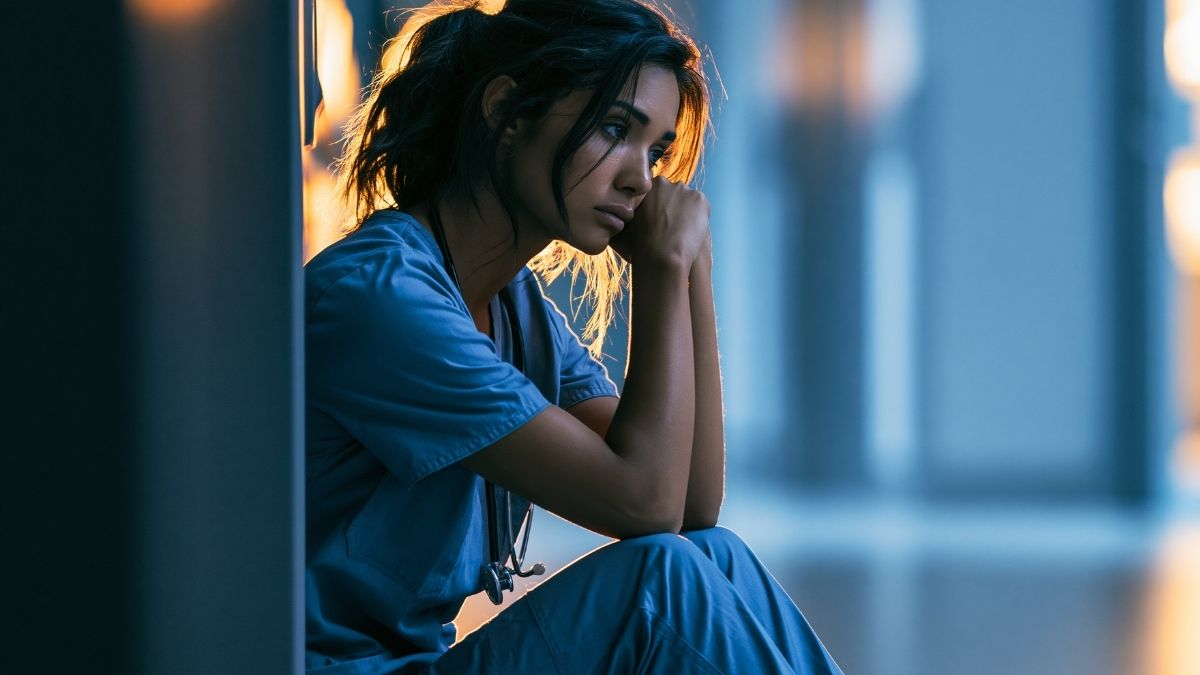 Exhausted doctor sitting alone in a hospital corridor, illustrating medical debt and burnout. Exhausted doctor sitting alone in a hospital corridor, illustrating medical debt and burnout.