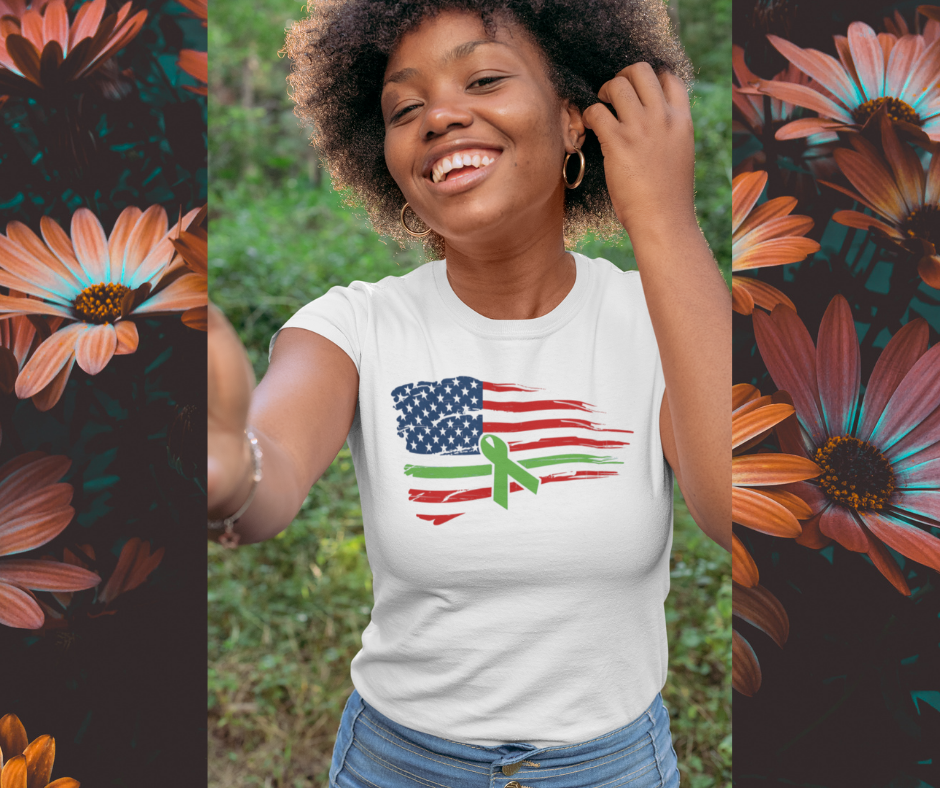 Woman wearing Mental Health Awareness - Green Ribbon - USA Flag T-Shirt