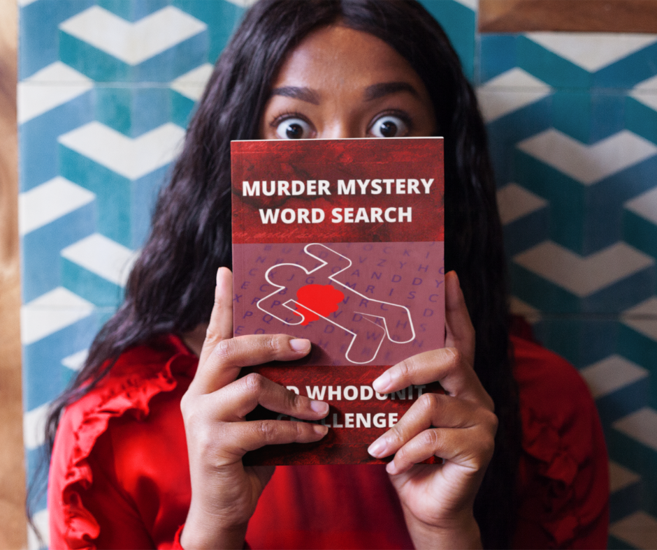 Woman holding Murder Mystery Word Search and Whodunit Challenge book