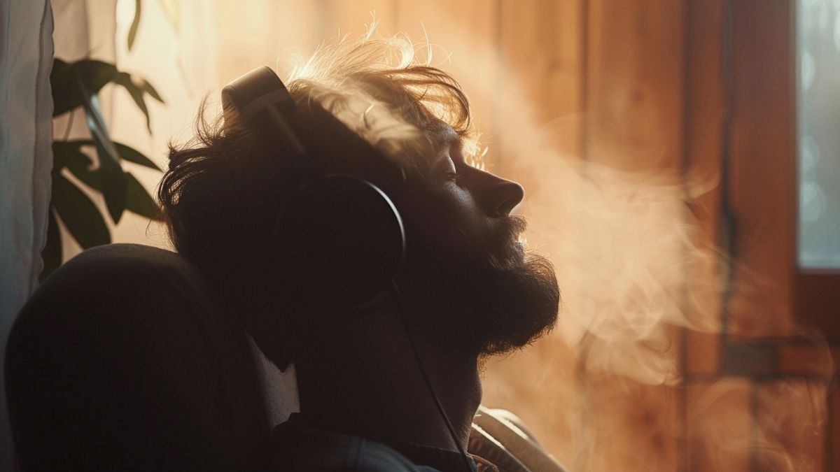 A man listening to music with headphones, illustrating how music and memory evoke emotion, reflection, and personal identity.
