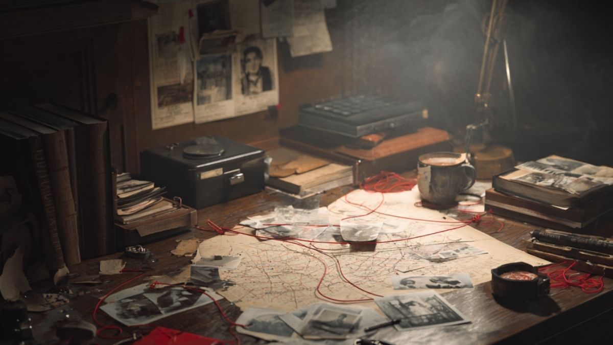 Detective-style desk covered with photographs, clues, maps, and red string, representing how mysteries engage curiosity and the search for answers. Detective-style desk covered with photographs, clues, maps, and red string, representing how mysteries engage curiosity and the search for answers.