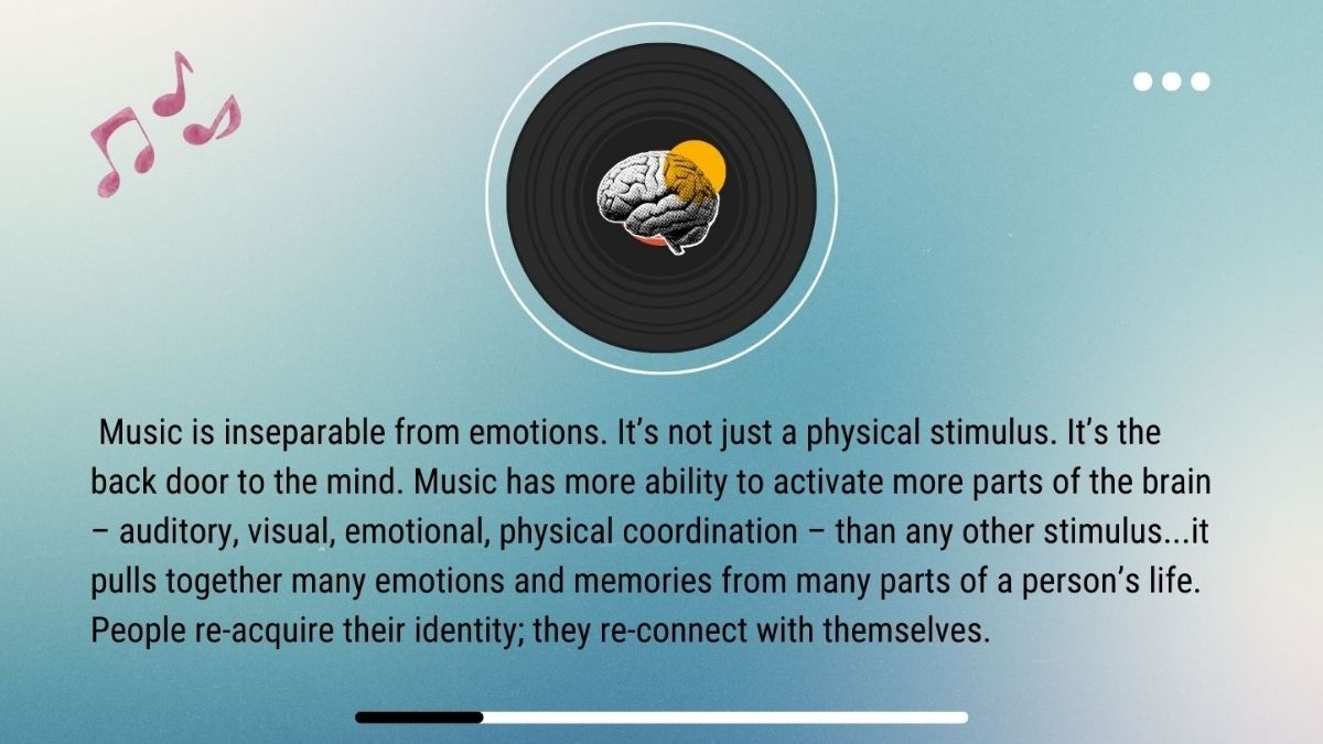 Oliver Sacks quote graphic about music and memory: “Music is inseparable from emotions… the back door to the mind,” shown on a music player-style design with a vinyl record and brain icon.