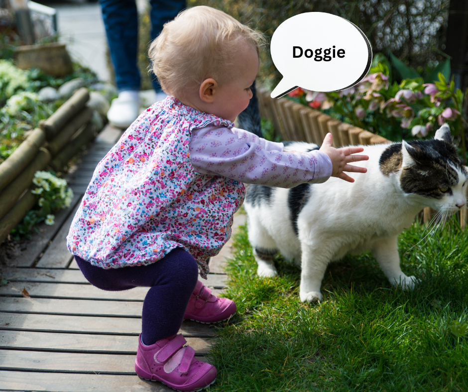 Overextension psychology example showing a toddler saying 'doggie' upon seeing a cat.